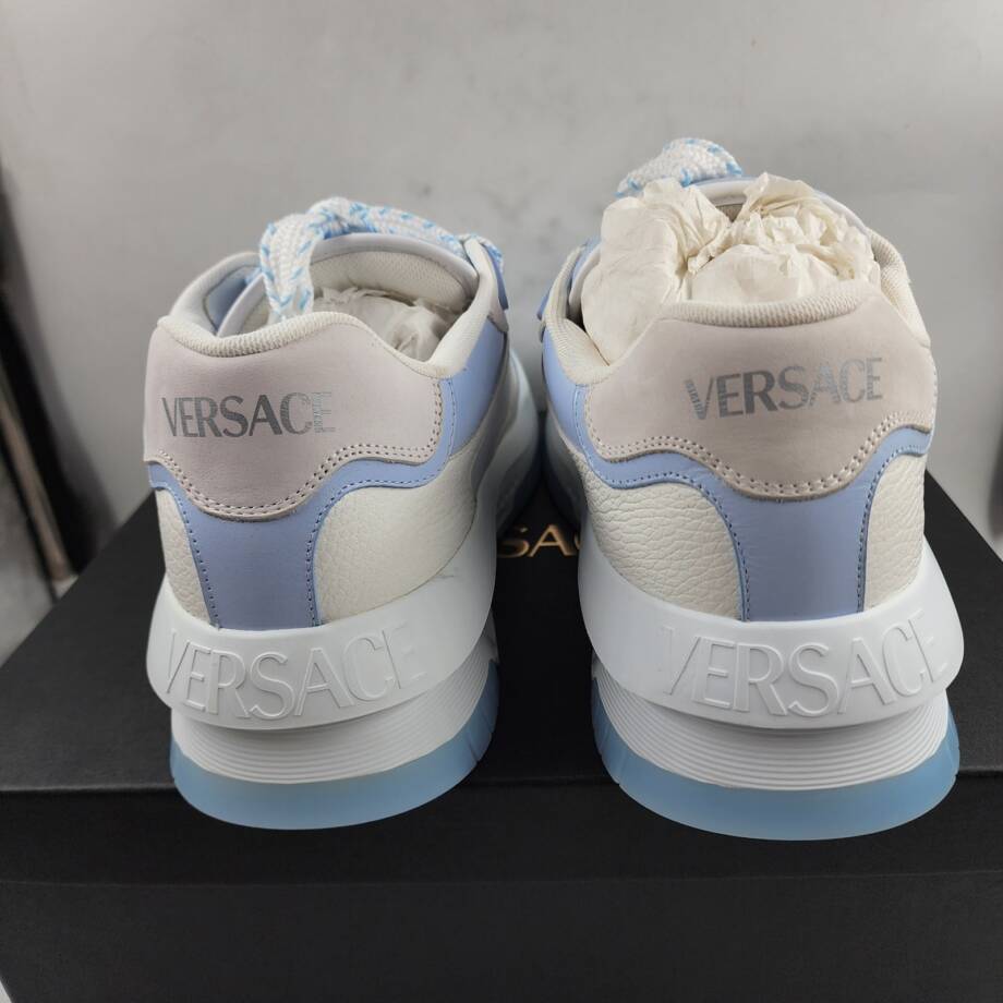 Versace Odissea Leather Low Top Sneakers Men 46 White/Light Blue Lace Up Closure