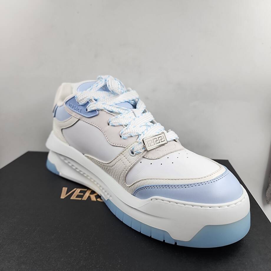 Versace Odissea Leather Low Top Sneakers Men 46 White/Light Blue Lace Up Closure
