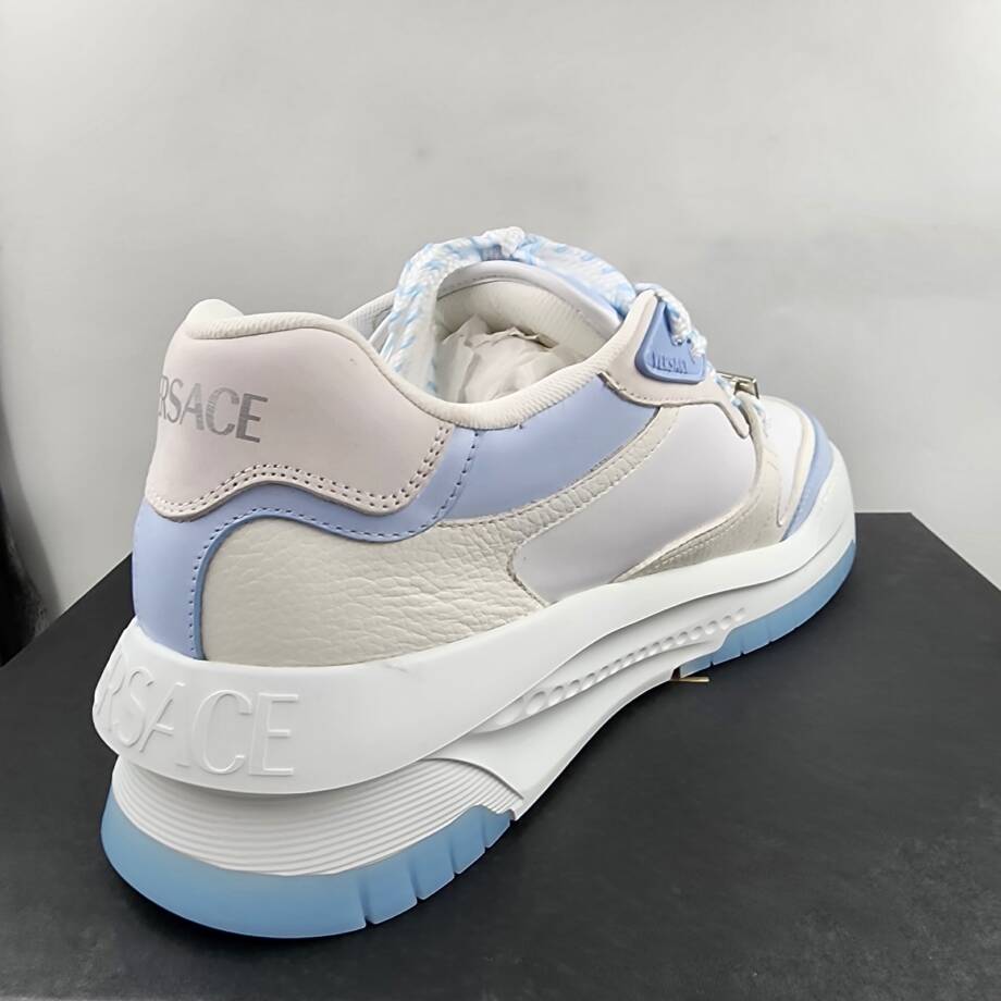 Versace Odissea Leather Low Top Sneakers Men 46 White/Light Blue Lace Up Closure