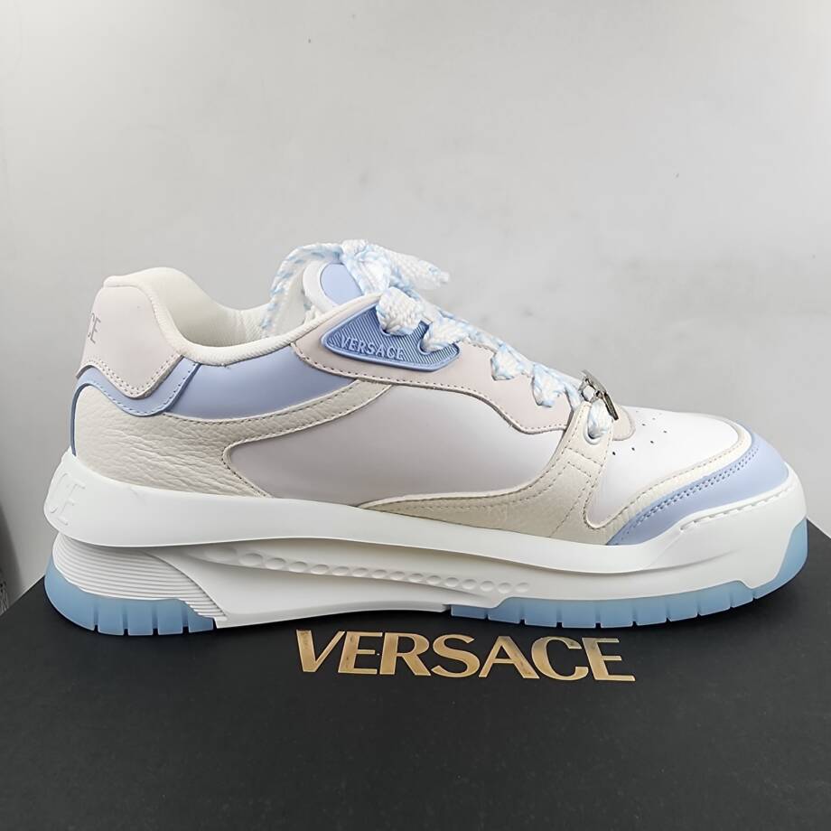 Versace Odissea Leather Low Top Sneakers Men 46 White/Light Blue Lace Up Closure