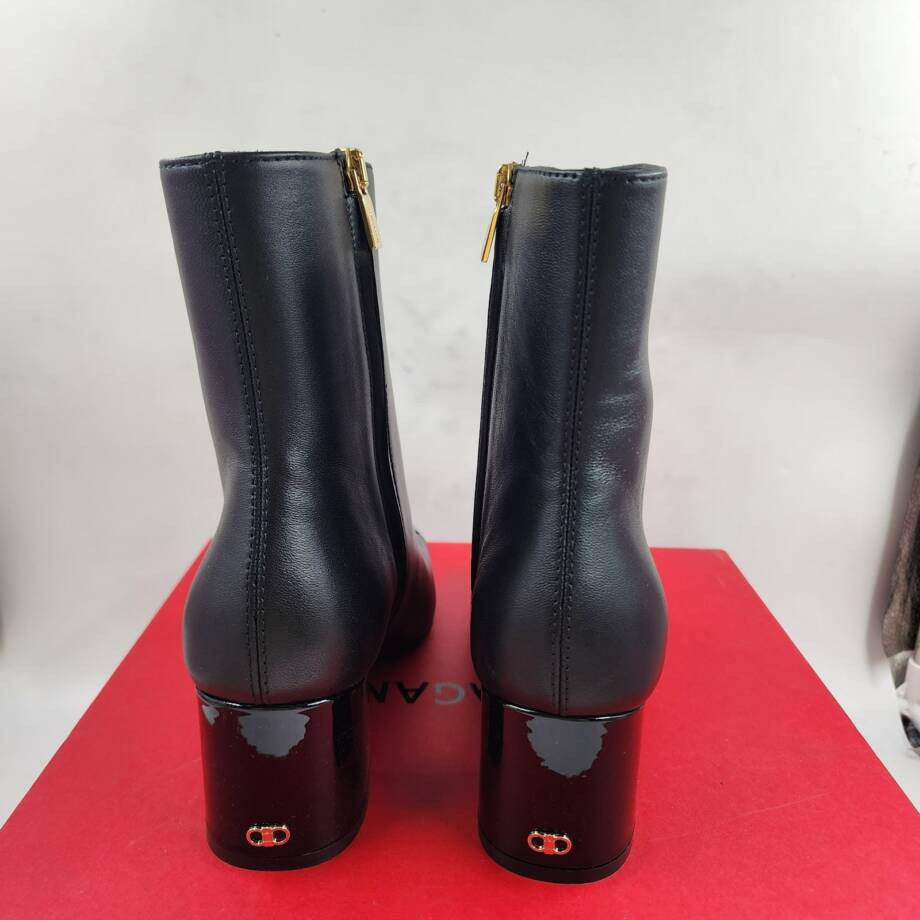Ferragamo Sambi Block Heel Leather Booties Women's 6 Black Side Zip Closure