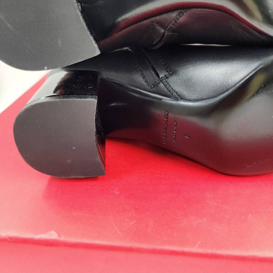 Ferragamo Sambi Block Heel Leather Booties Women's 6 Black Side Zip Closure
