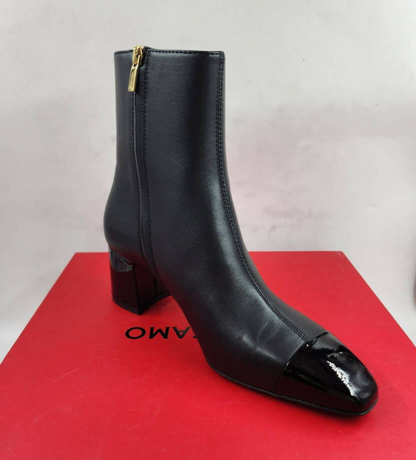 Ferragamo Sambi Block Heel Leather Booties Women's 6 Black Side Zip Closure