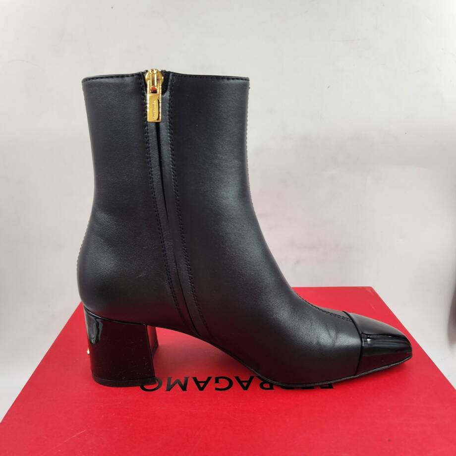 Ferragamo Sambi Block Heel Leather Booties Women's 6 Black Side Zip Closure