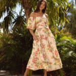 Shoshanna Zarah Linen-Blend Midi Dress Women's 6 Pink Multi Back Zip Closure S/S