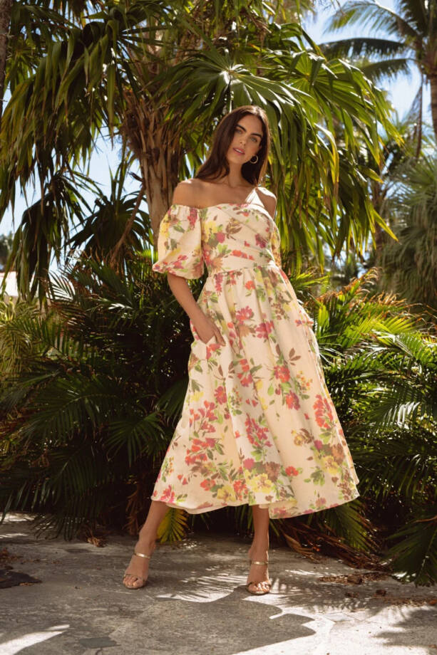 Shoshanna Zarah Linen-Blend Midi Dress Women's 6 Pink Multi Back Zip Closure S/S