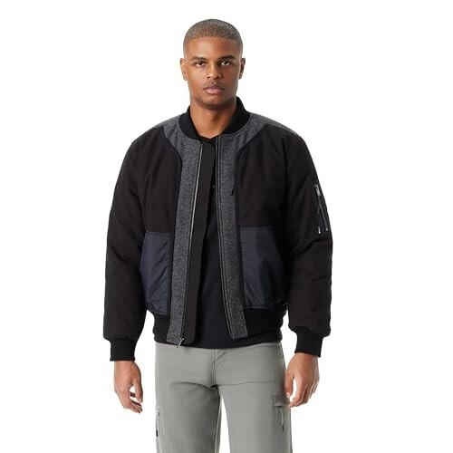BASS OUTDOOR Hero Mixed Media Zip-Front Bomber Jacket Men's L Black /Gray L/S