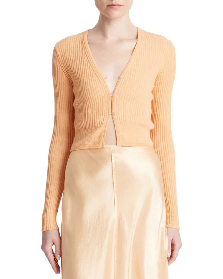 Vince Cashmere & Silk Cropped Cardigan Women's M Orange Front Button Closure +