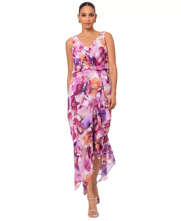 XSCAPE Floral-Print Chiffon Midi Dress Women's 8 Multi V-Neck Back Zip Closure