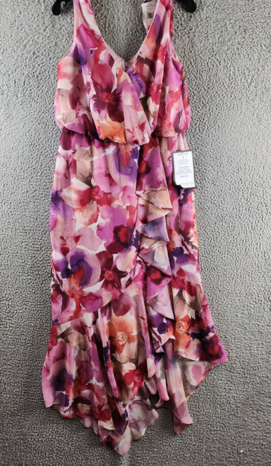 XSCAPE Floral-Print Chiffon Midi Dress Women's 8 Multi V-Neck Back Zip Closure
