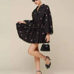 Avec Les Filles Embroidered Ruffled-Hem Shirtdress Women's 4 Black Multi L/S