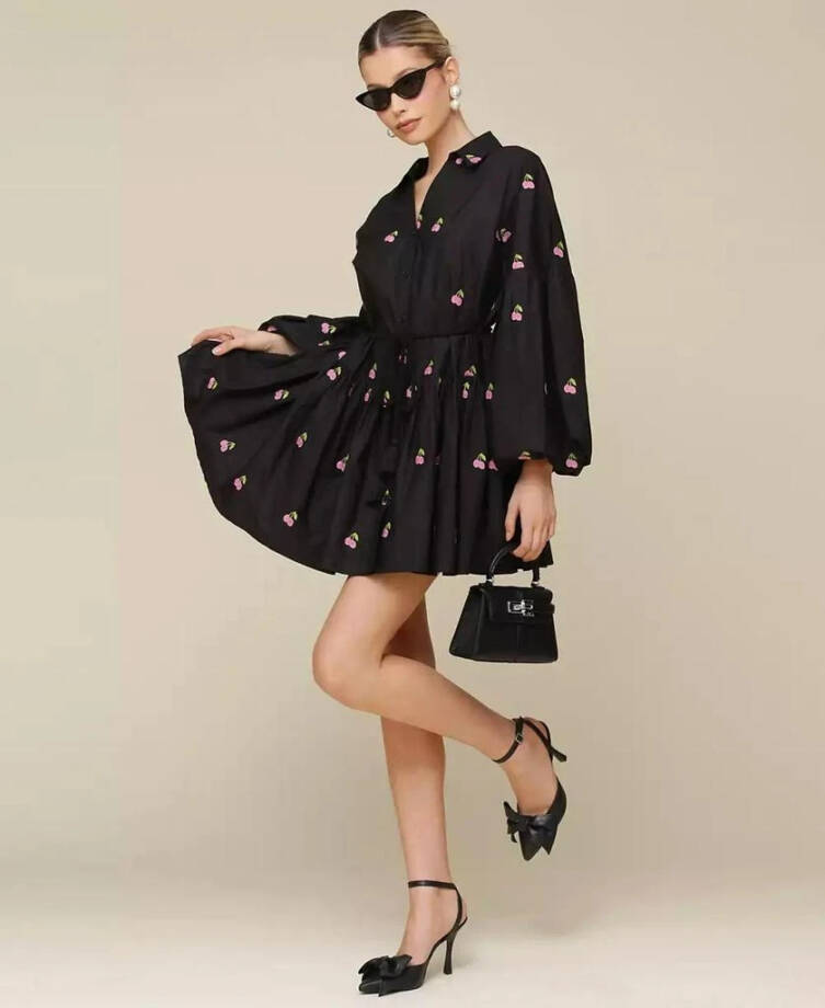 Avec Les Filles Embroidered Ruffled-Hem Shirtdress Women's 4 Black Multi L/S