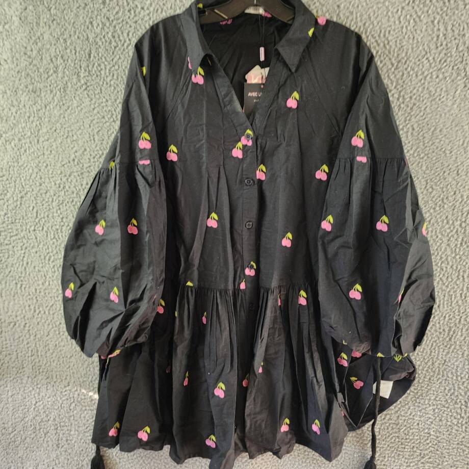 Avec Les Filles Embroidered Ruffled-Hem Shirtdress Women's 4 Black Multi L/S