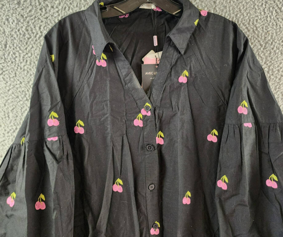 Avec Les Filles Embroidered Ruffled-Hem Shirtdress Women's 4 Black Multi L/S