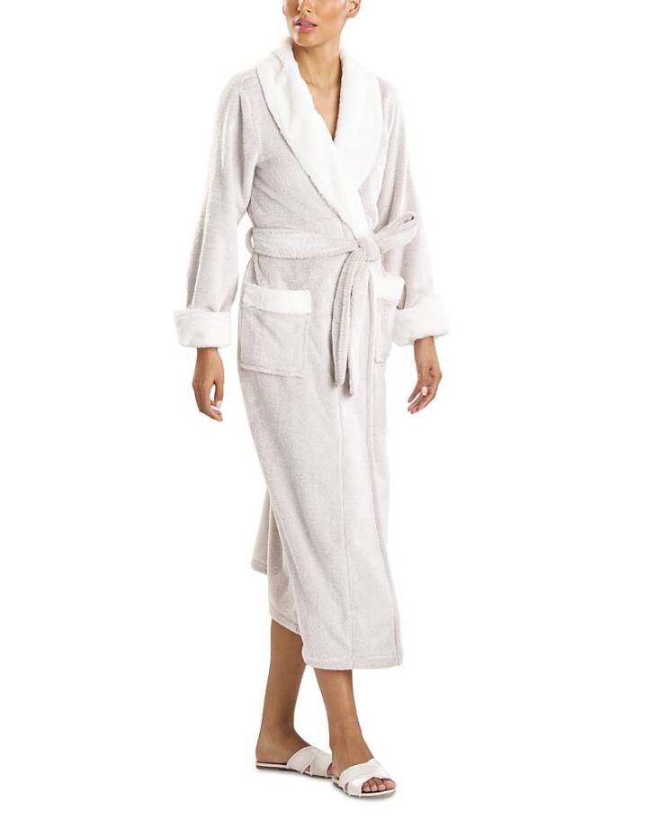 Natori Frosted Faux Fur Robe Women's Medium Cashmere Self-Belt Tie Closure