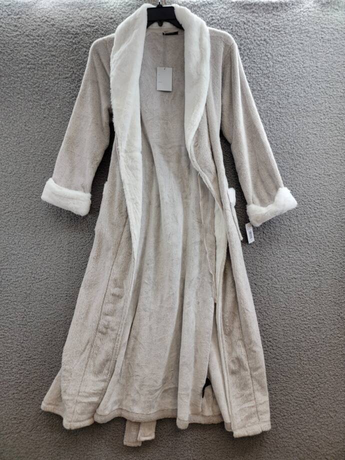 Natori Frosted Faux Fur Robe Women's Medium Cashmere Self-Belt Tie Closure