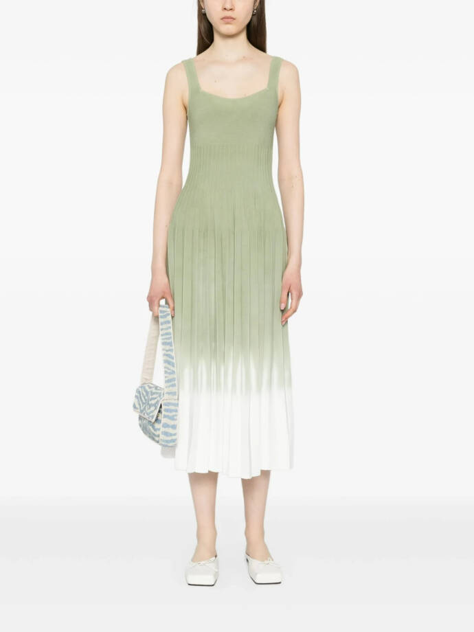 STAUD Ellison Square Neck Ombre Dress Women's S Avocado Green Pleated Pullover