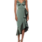 AQUA Ruffled Midi Dress Women's 2 Olive V-neck Sleeveless Back Zip Closure