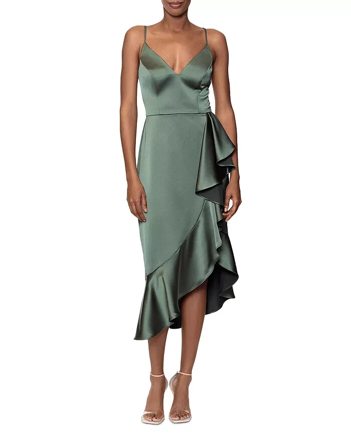 AQUA Ruffled Midi Dress Women's 2 Olive V-neck Sleeveless Back Zip Closure