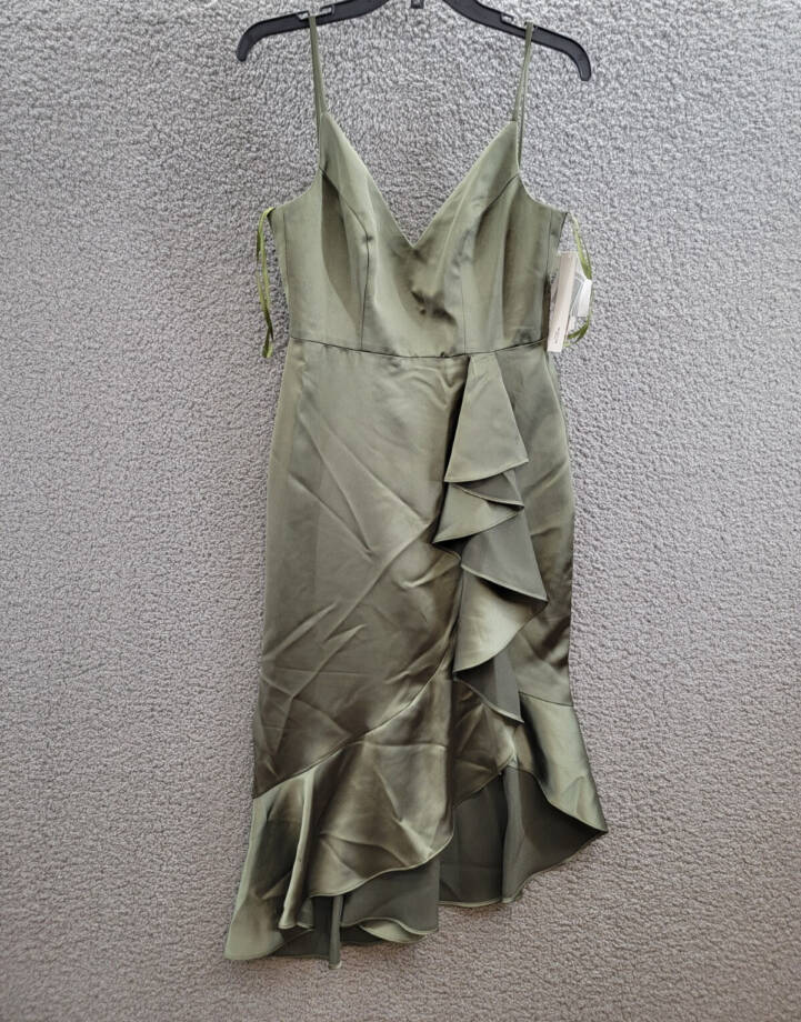 AQUA Ruffled Midi Dress Women's 2 Olive V-neck Sleeveless Back Zip Closure
