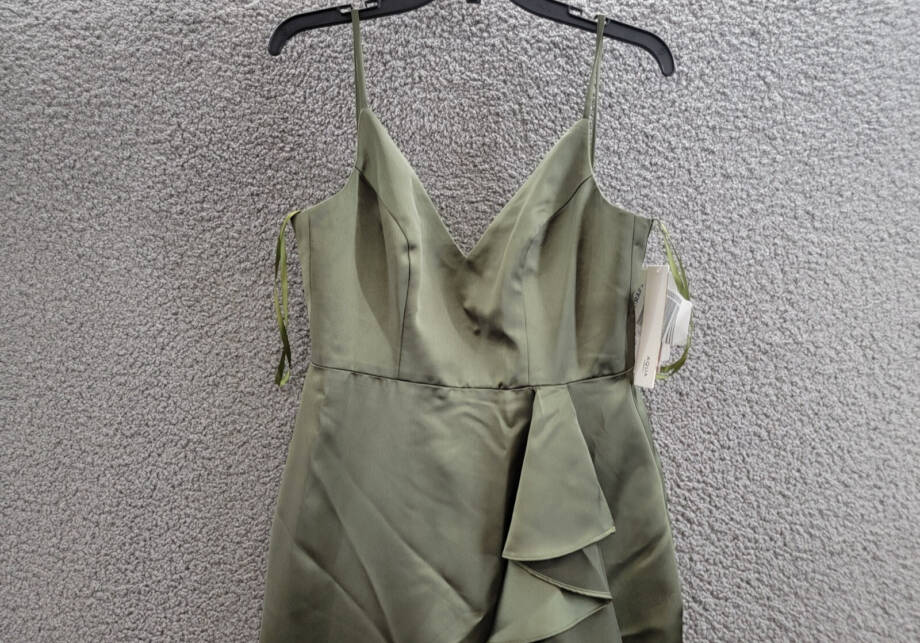 AQUA Ruffled Midi Dress Women's 2 Olive V-neck Sleeveless Back Zip Closure