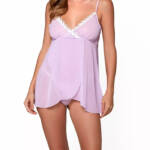 iCollection Ava Chiffon & Lace Babydoll Chemise 2pc Lingerie Women's S Lavender~