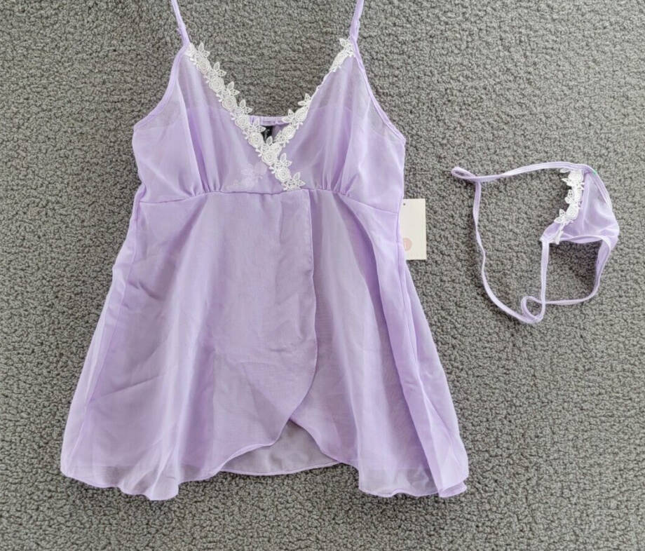 iCollection Ava Chiffon & Lace Babydoll Chemise 2pc Lingerie Women's S Lavender~