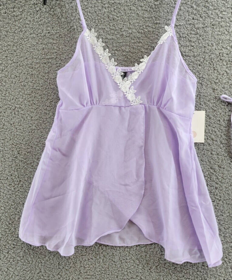 iCollection Ava Chiffon & Lace Babydoll Chemise 2pc Lingerie Women's S Lavender~