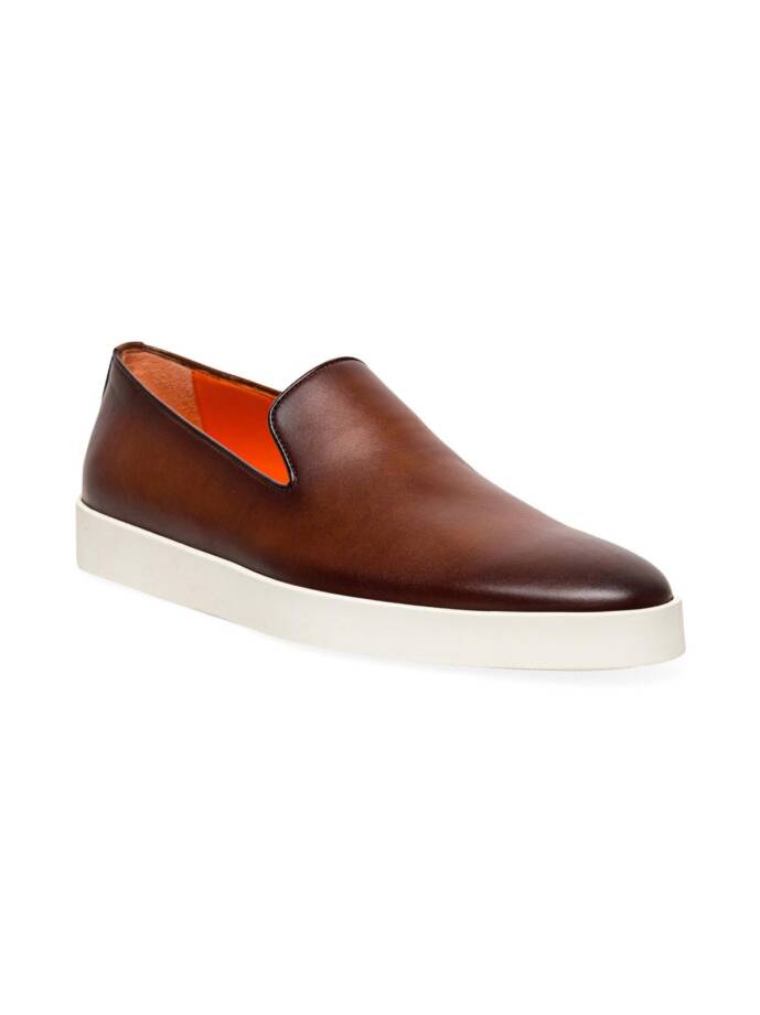 Santoni Atlantis Burnished Leather Loafers Men's 12 Brown Slip On Style