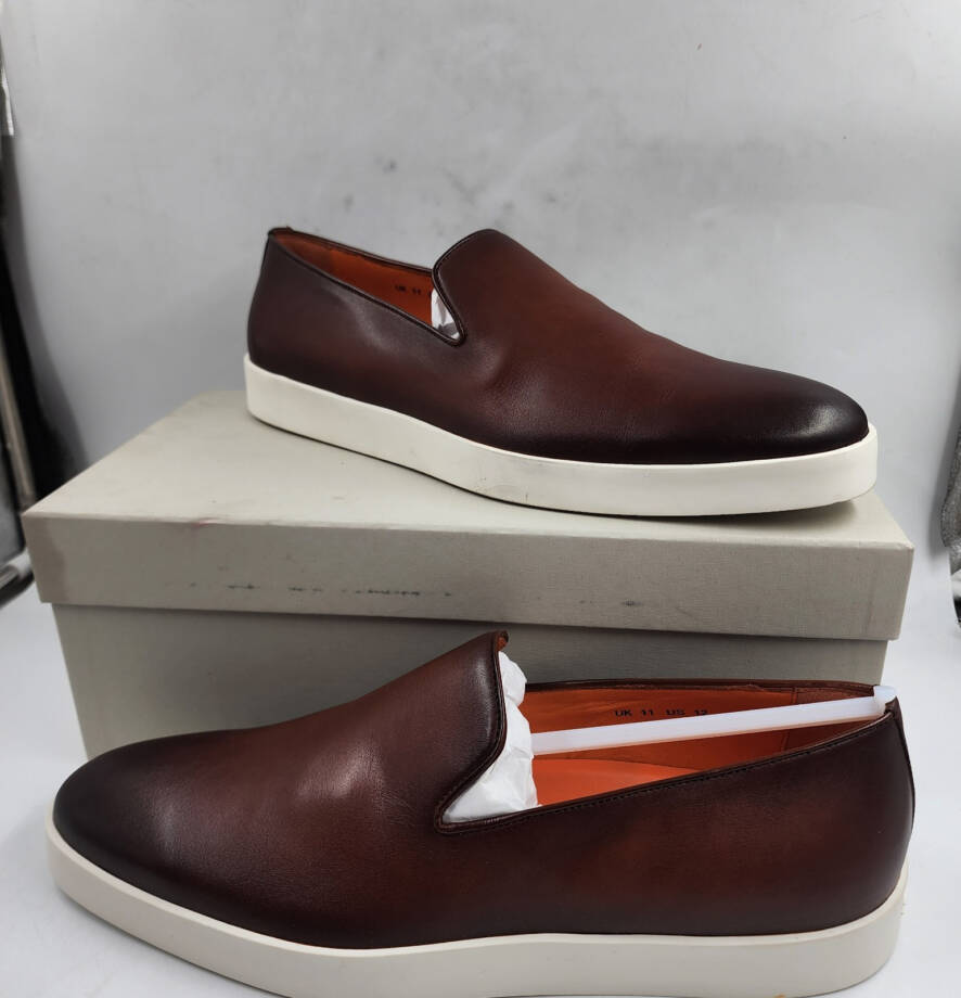 Santoni Atlantis Burnished Leather Loafers Men's 12 Brown Slip On Style