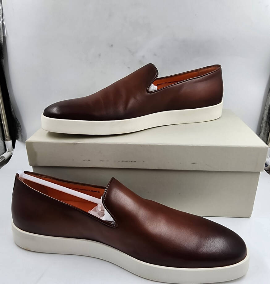 Santoni Atlantis Burnished Leather Loafers Men's 12 Brown Slip On Style