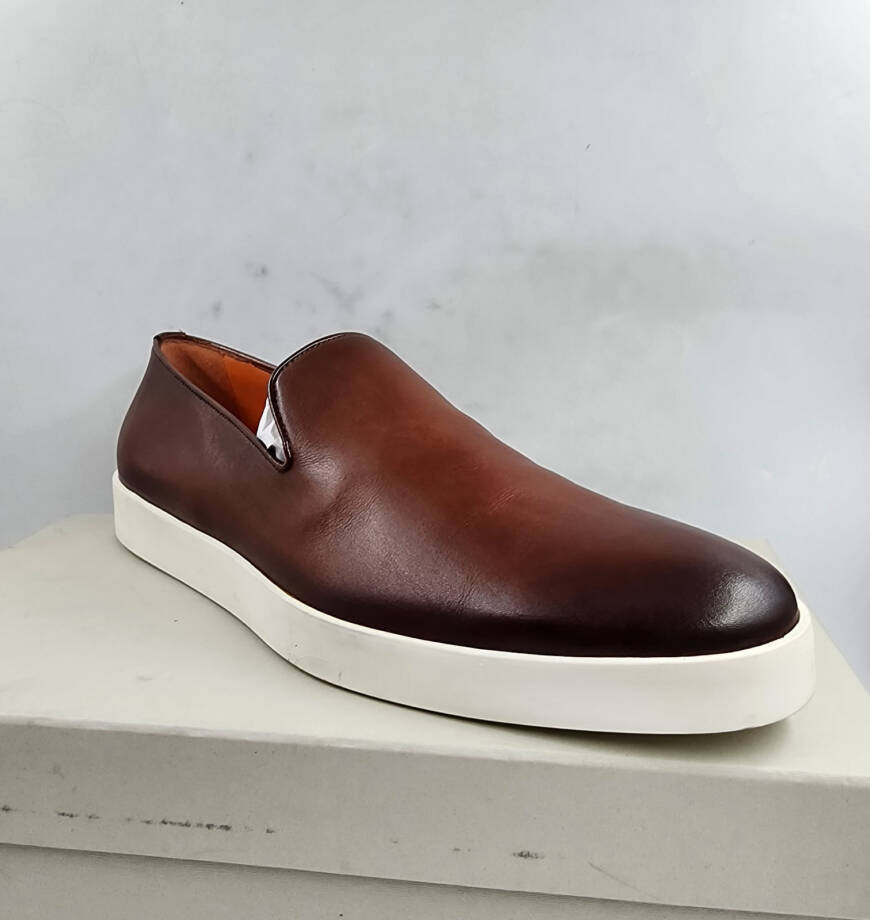 Santoni Atlantis Burnished Leather Loafers Men's 12 Brown Slip On Style