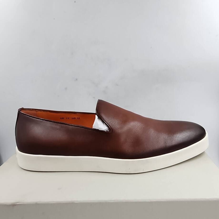 Santoni Atlantis Burnished Leather Loafers Men's 12 Brown Slip On Style