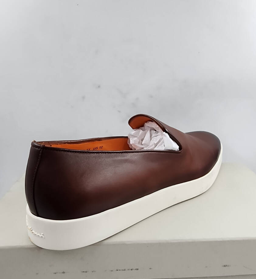 Santoni Atlantis Burnished Leather Loafers Men's 12 Brown Slip On Style