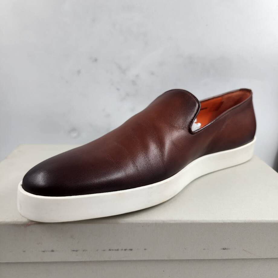 Santoni Atlantis Burnished Leather Loafers Men's 12 Brown Slip On Style