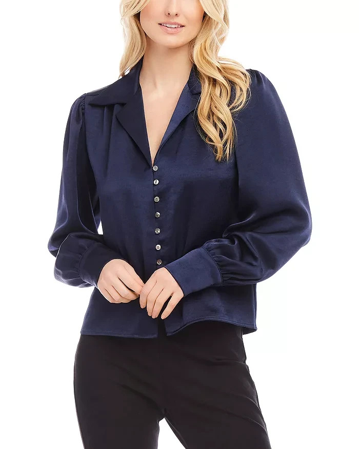 Karen Kane Shirred Blouse Women's S Navy Solid Collared Long Sleeve Button Front