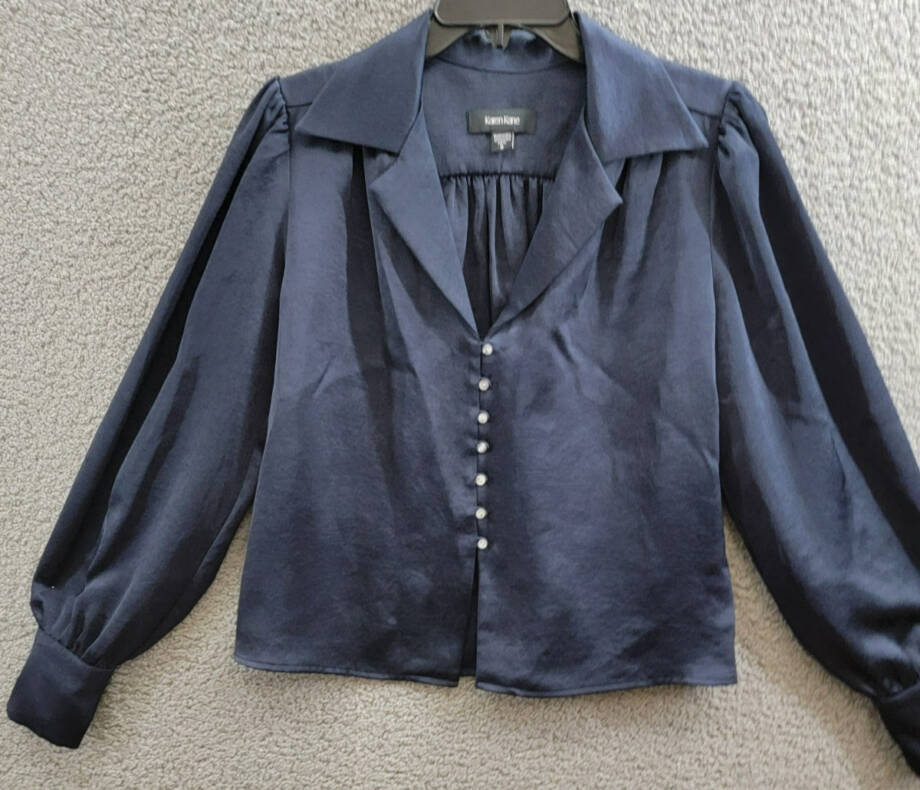 Karen Kane Shirred Blouse Women's S Navy Solid Collared Long Sleeve Button Front