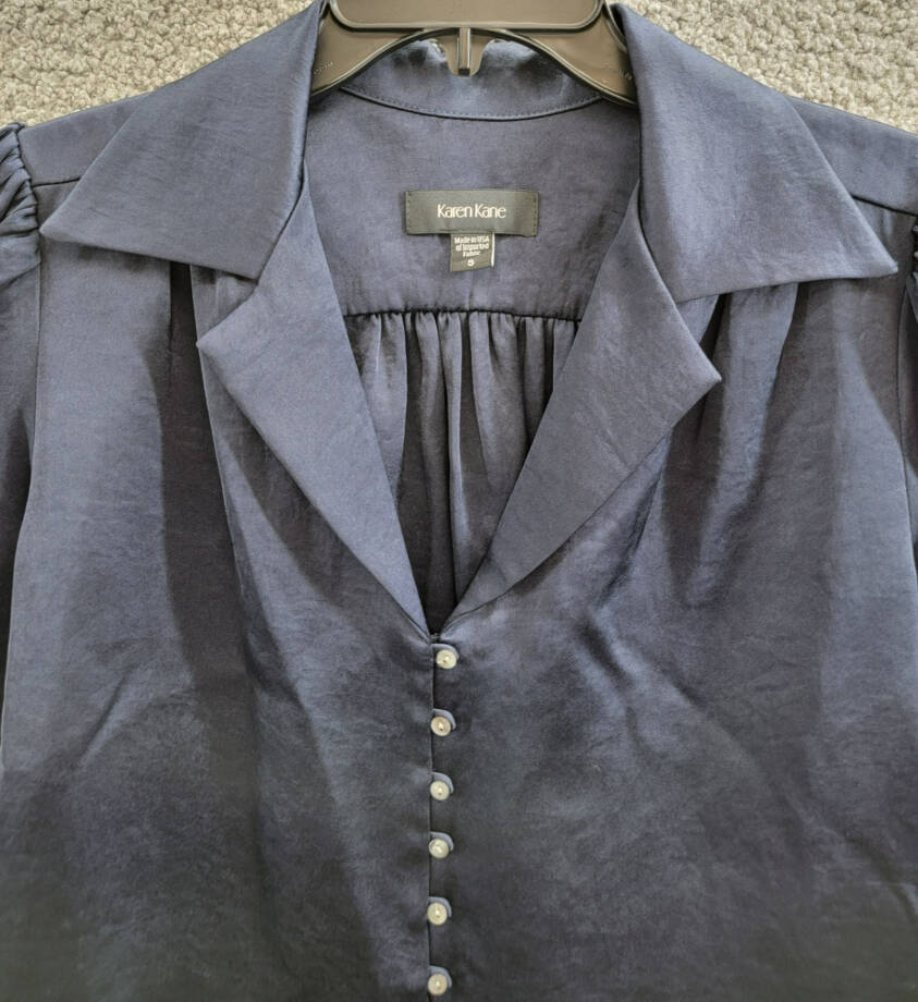 Karen Kane Shirred Blouse Women's S Navy Solid Collared Long Sleeve Button Front