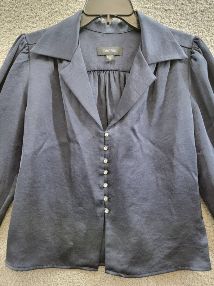 Karen Kane Shirred Blouse Women's S Navy Solid Collared Long Sleeve Button Front