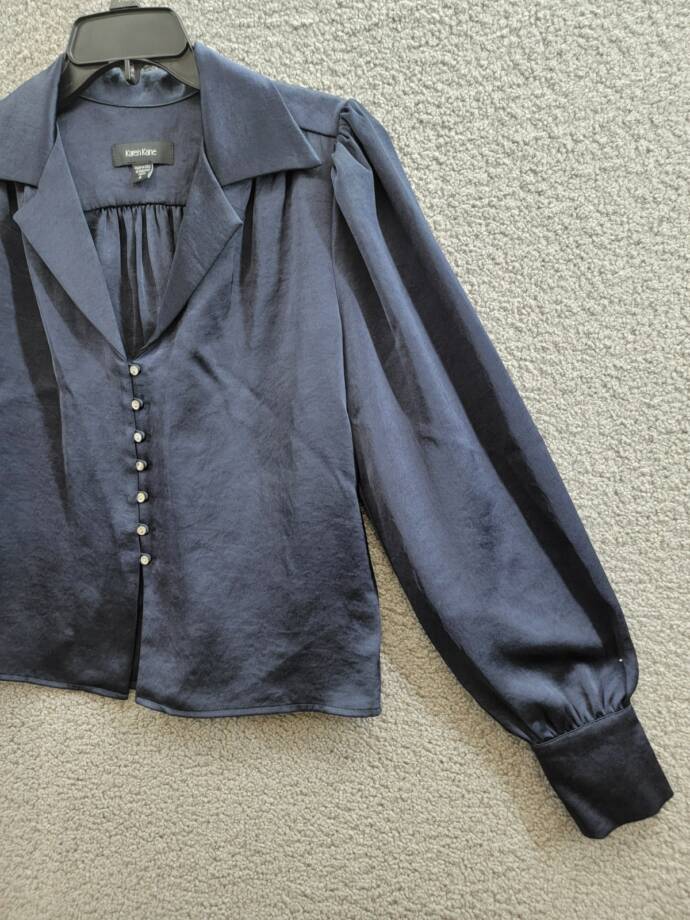 Karen Kane Shirred Blouse Women's S Navy Solid Collared Long Sleeve Button Front