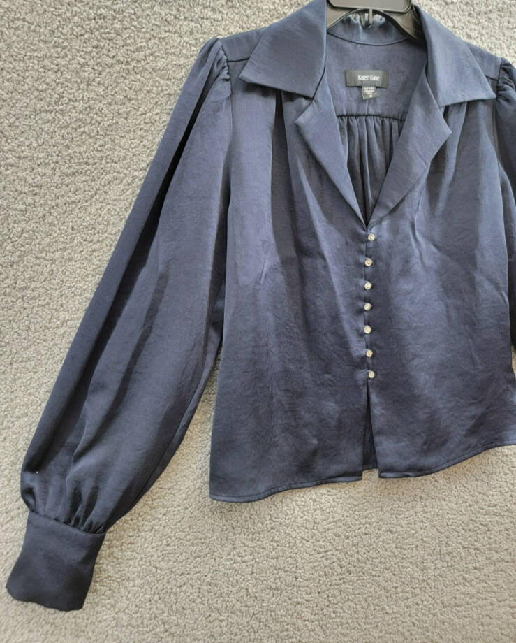 Karen Kane Shirred Blouse Women's S Navy Solid Collared Long Sleeve Button Front