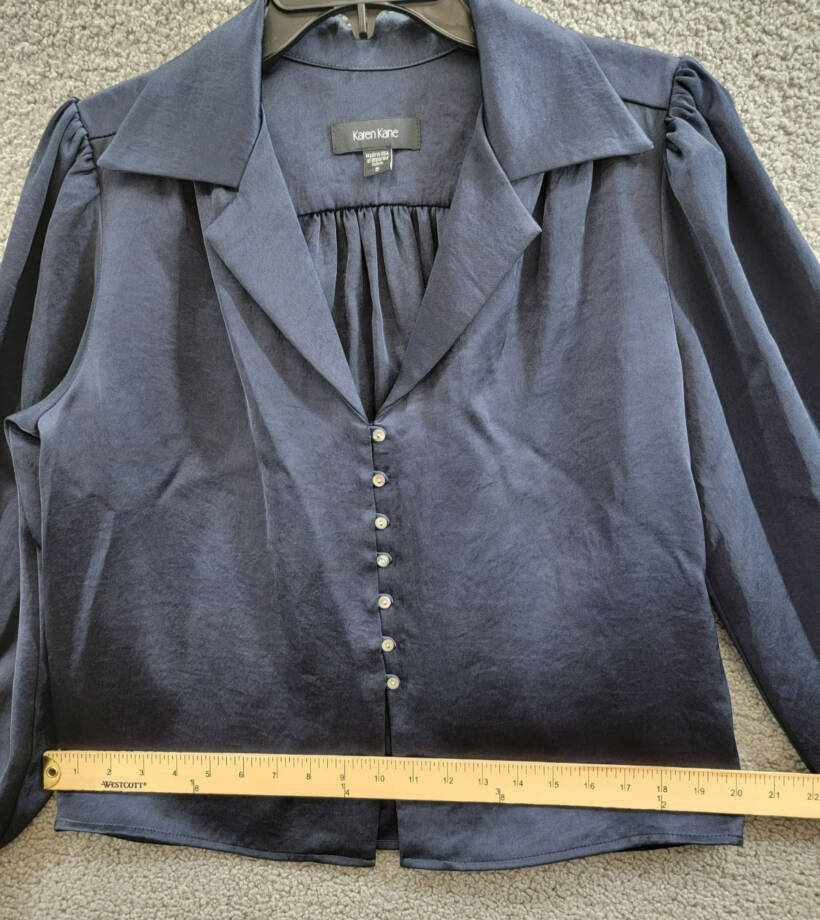 Karen Kane Shirred Blouse Women's S Navy Solid Collared Long Sleeve Button Front
