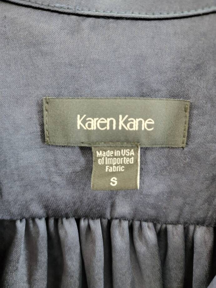 Karen Kane Shirred Blouse Women's S Navy Solid Collared Long Sleeve Button Front