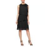 SLNY Sleeveless Beaded Trim Tiered Tie Neck Shift Dress Womens 14 Black Hook&Eye