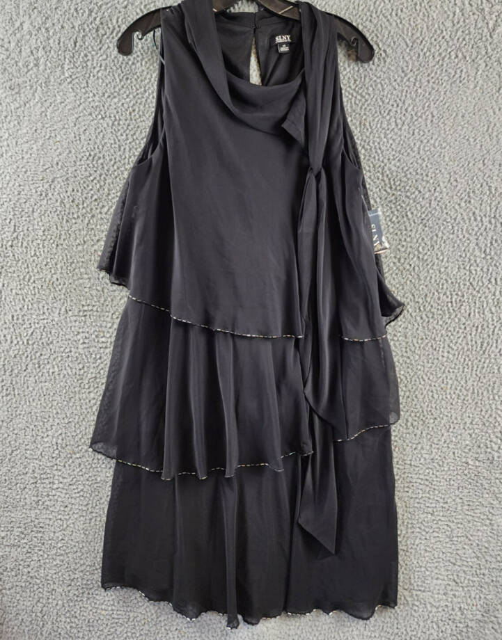 SLNY Sleeveless Beaded Trim Tiered Tie Neck Shift Dress Womens 14 Black Hook&Eye