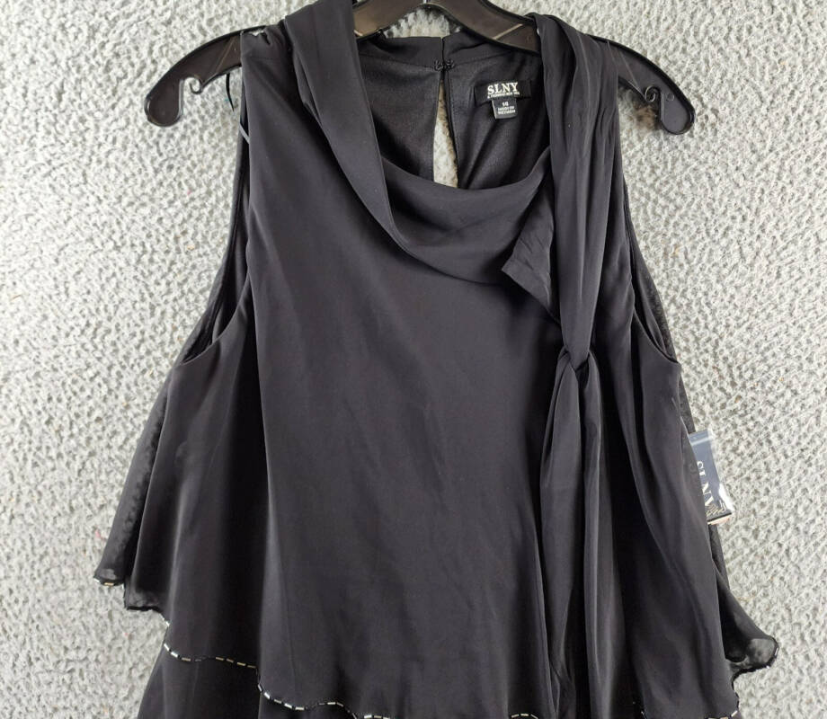 SLNY Sleeveless Beaded Trim Tiered Tie Neck Shift Dress Womens 14 Black Hook&Eye