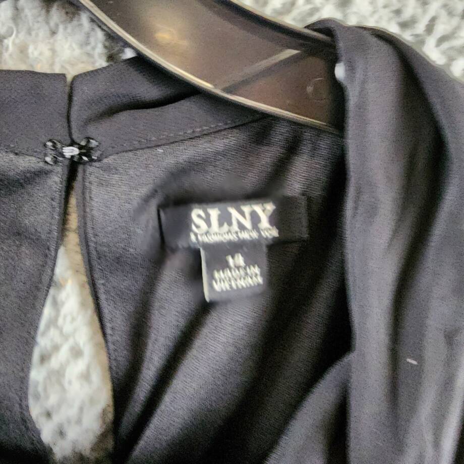 SLNY Sleeveless Beaded Trim Tiered Tie Neck Shift Dress Womens 14 Black Hook&Eye