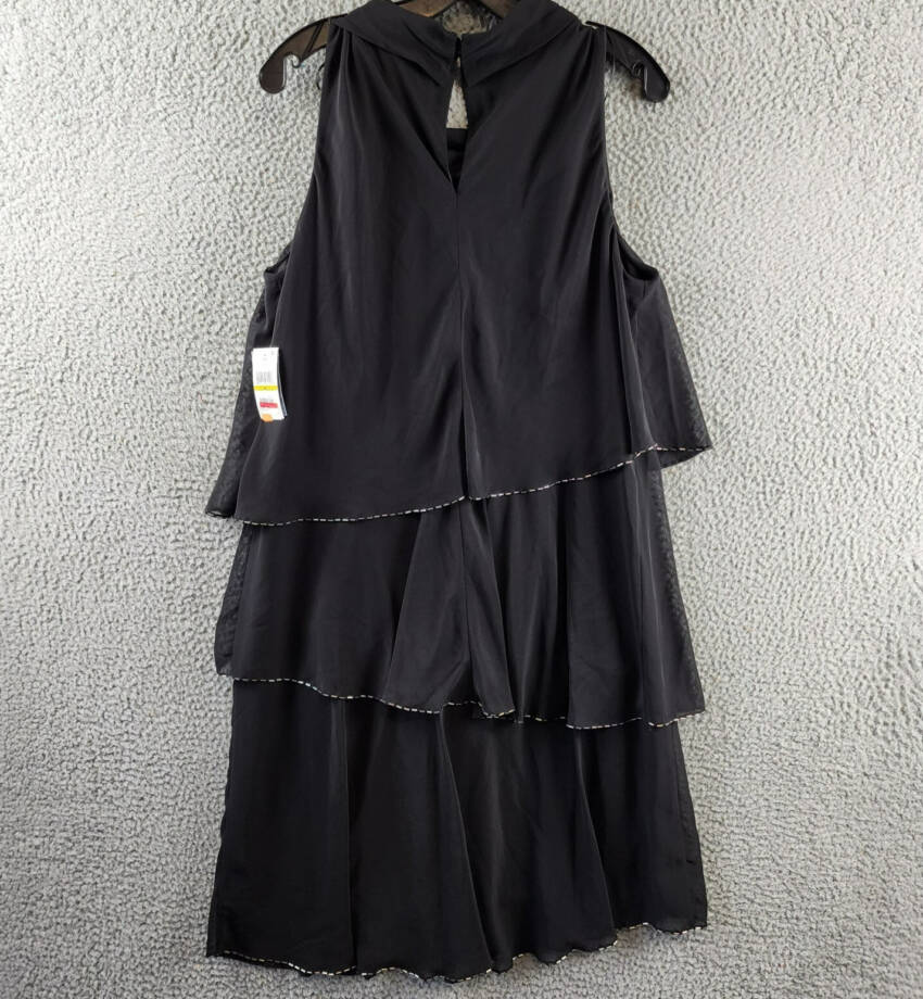 SLNY Sleeveless Beaded Trim Tiered Tie Neck Shift Dress Womens 14 Black Hook&Eye
