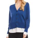 Karen Kane Layered Sweater Cardigan Women's M Dark Blue/White Cashmere Blend L/S