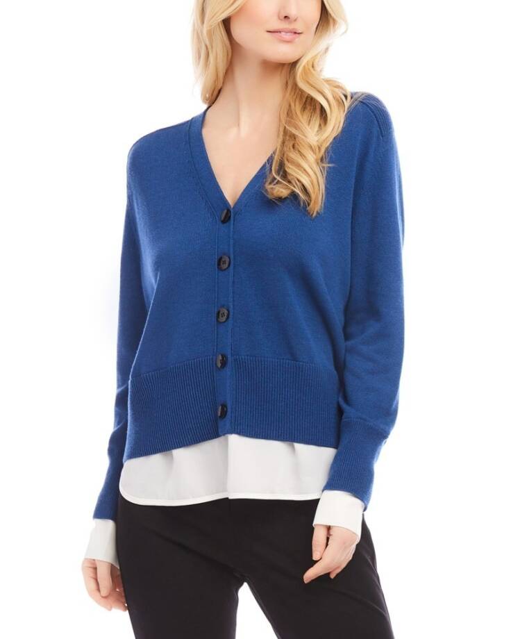 Karen Kane Layered Sweater Cardigan Women's M Dark Blue/White Cashmere Blend L/S